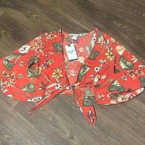 NWT American Rag Womens Coral Cie Floral‎ Tie Front Long Sleeve Crop Top Small